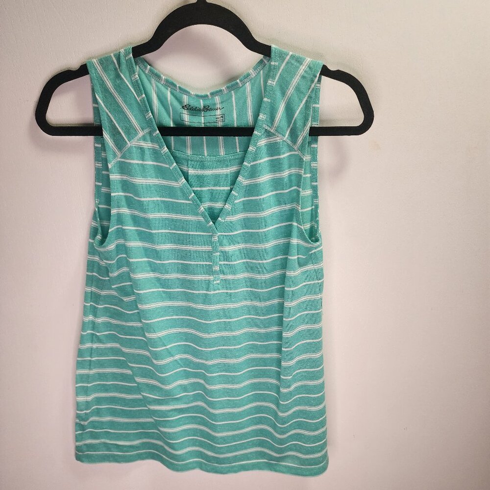 Eddie Bauer Green & White Striped Sleeveless V-Neck Shirt - Size M